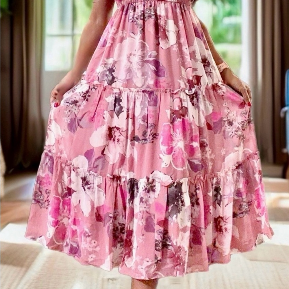 WOMEN'S SHORT SLEEVE SQUARE NECK ELASTIC WAIST FLORAL PRINT MIDI DRESS - Picture 8 of 9